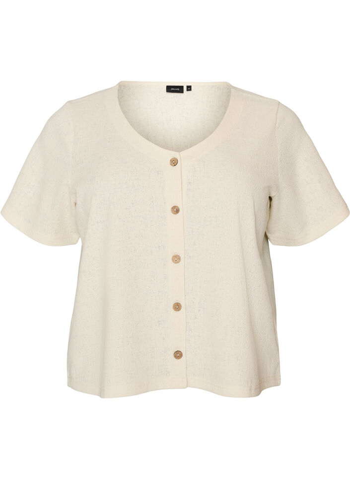 Textured cotton blouse with button fastening, Vanilla, Packshot image number 0