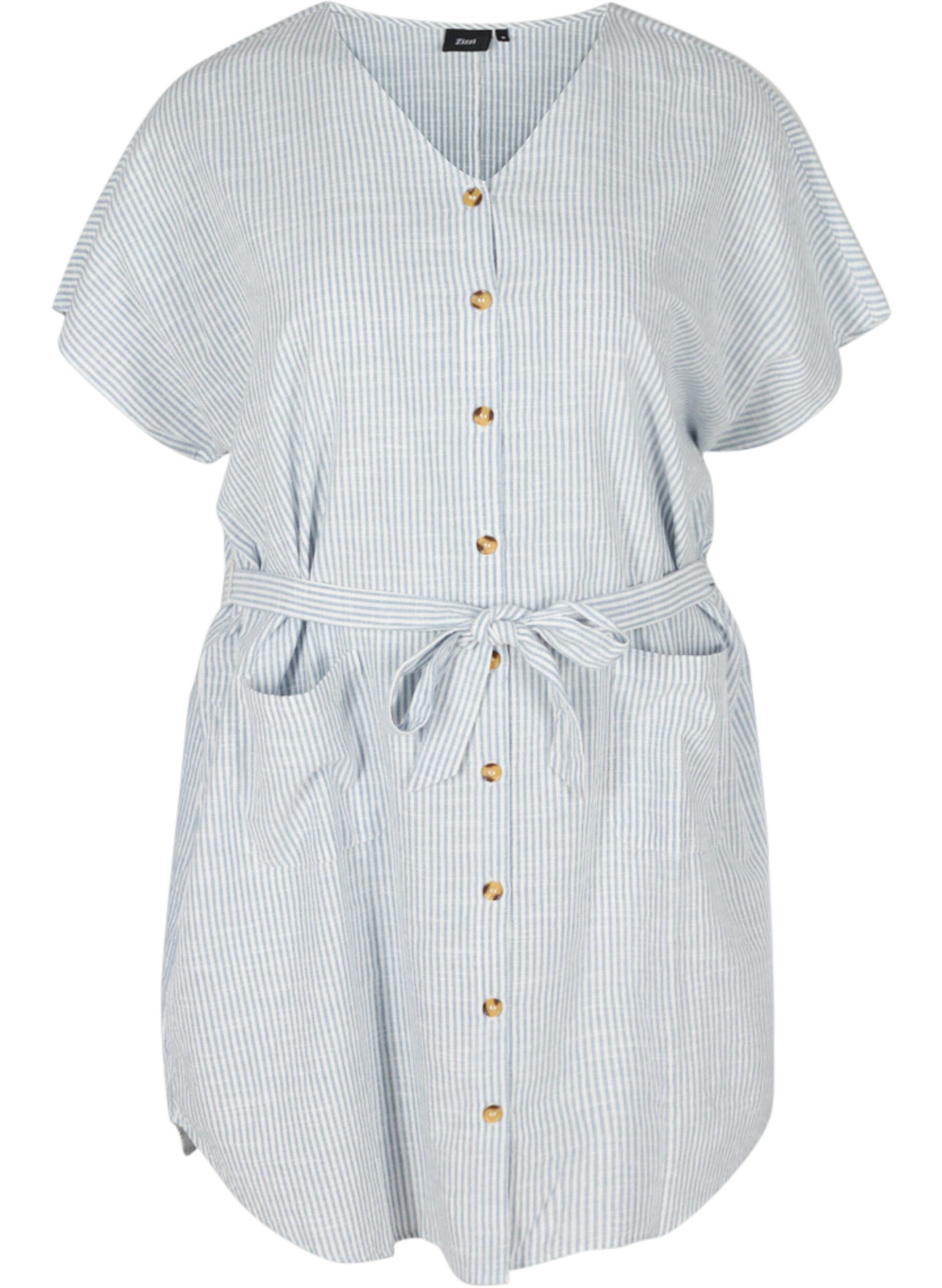 Zizzifashion Striped shirt dress in cotton with pockets, Country Blue Stripe, Packshot image number 0