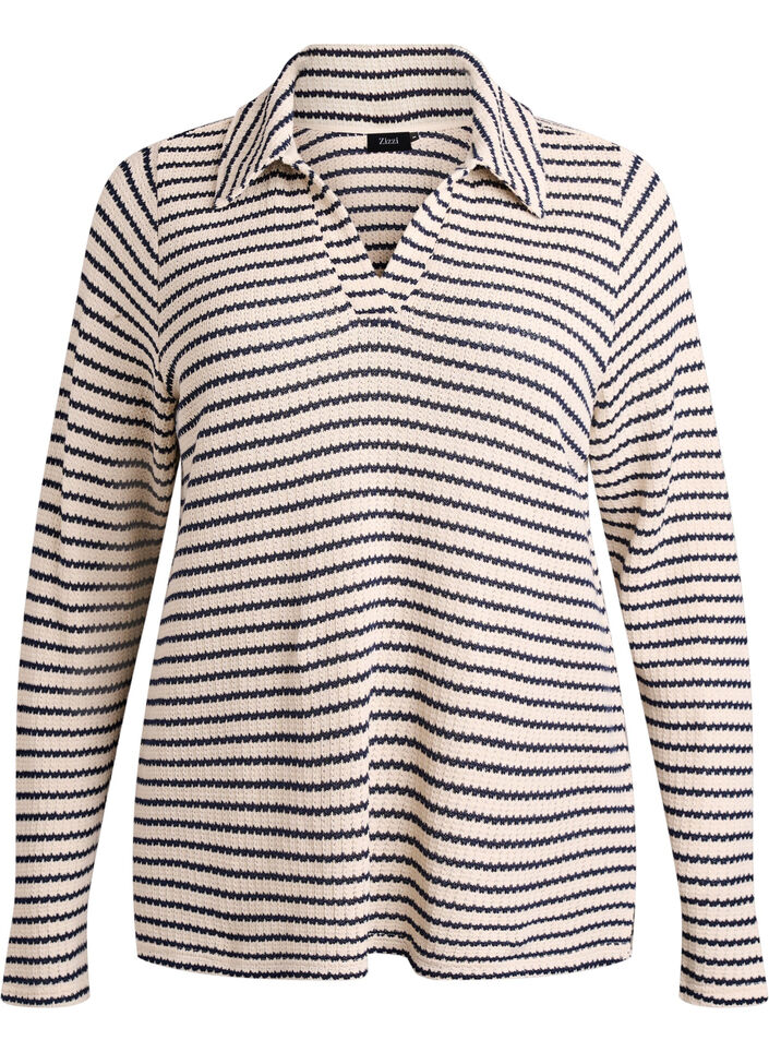 Striped jersey blouse with a collar and V-neck, Beige, Packshot image number 0