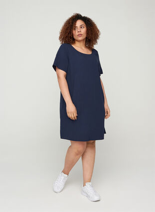 Short-sleeved viscose dress with pockets, Night Sky, Model image number 2