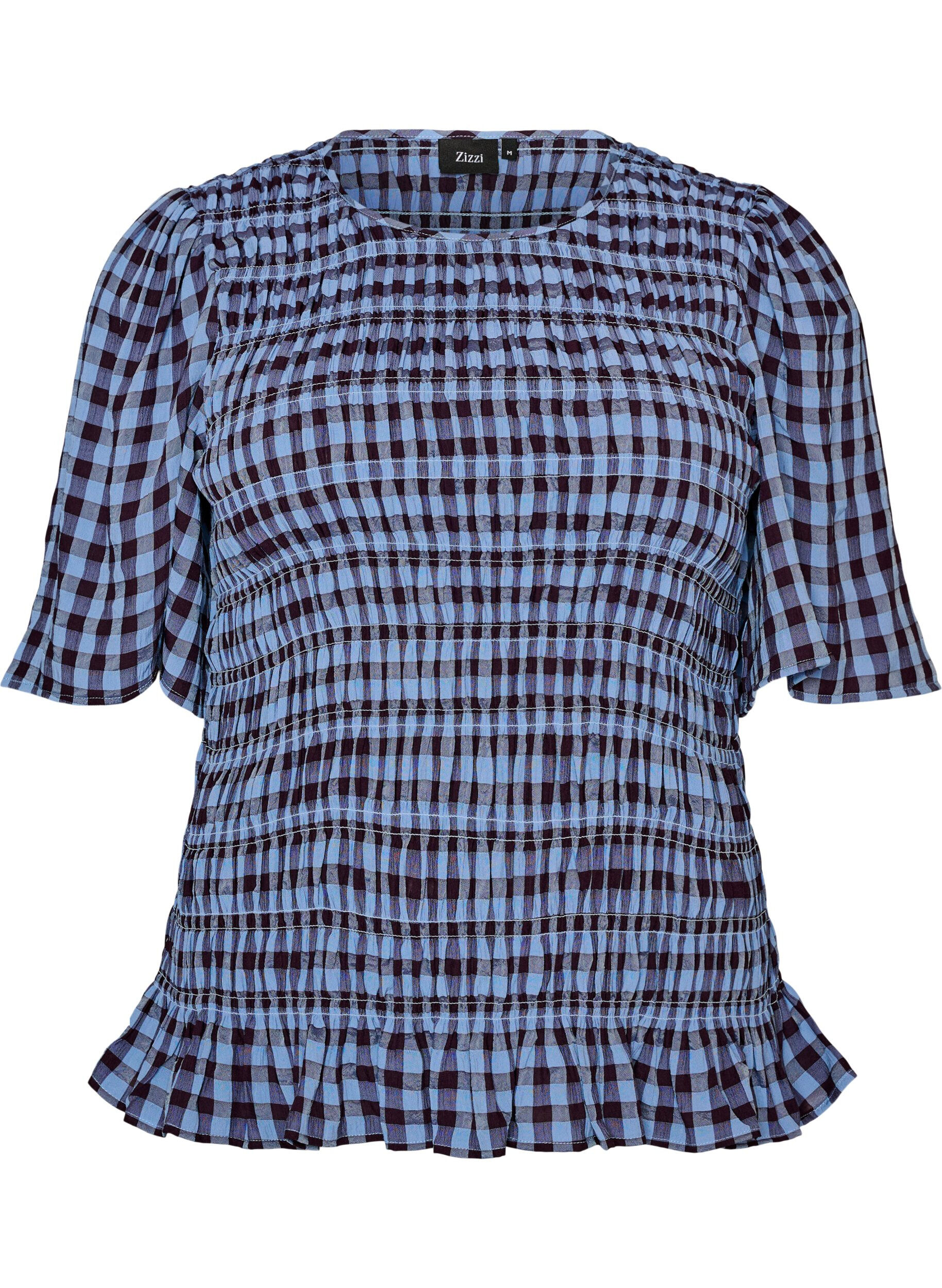 Zizzifashion Smock blouse with gingham check and ruffle hem, Blue, Packshot image number 0
