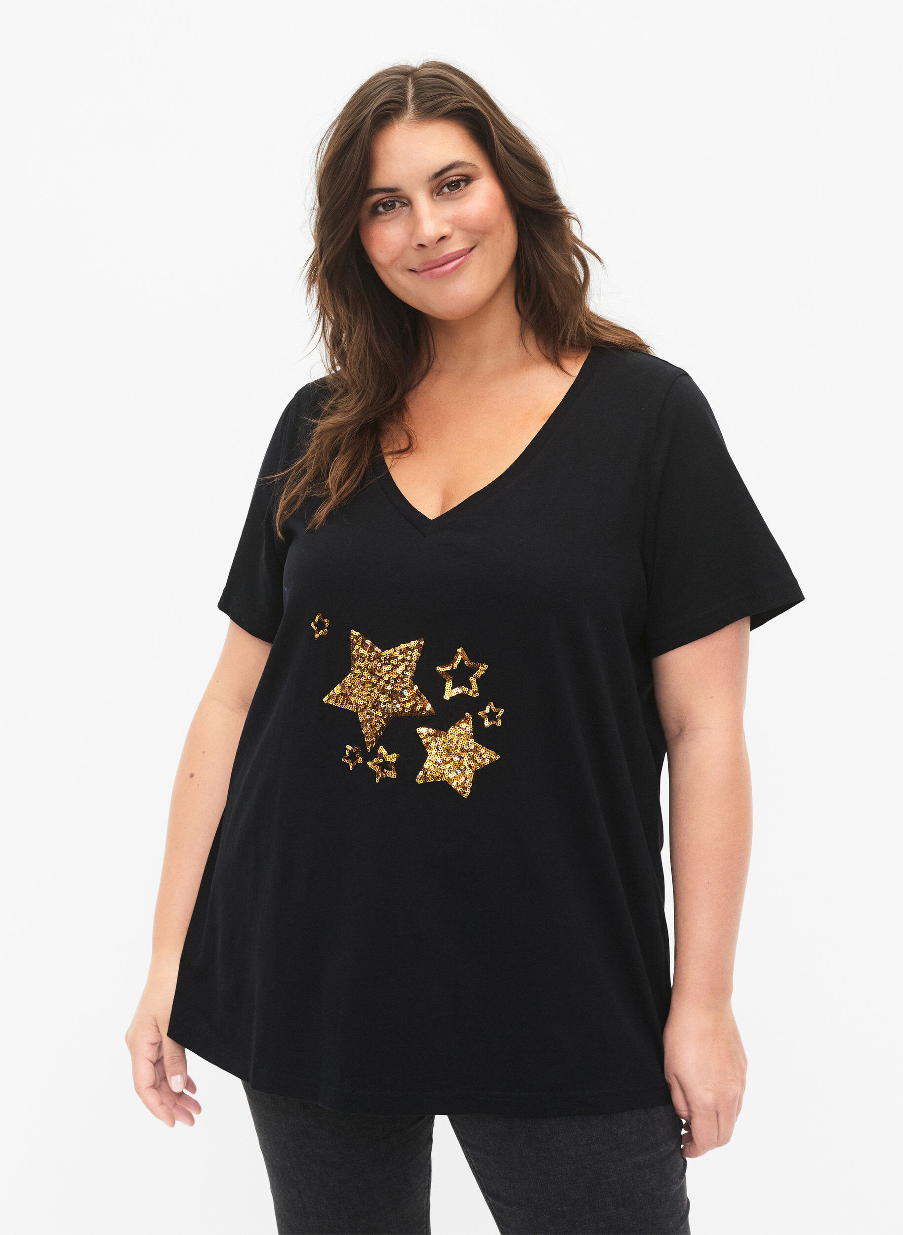 Zizzifashion Cotton t-shirt with sequins, Black W. Star, Model image number 0