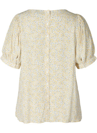 Printed viscose blouse with short puff sleeves, Yellow AOP Flower , Packshot image number 1