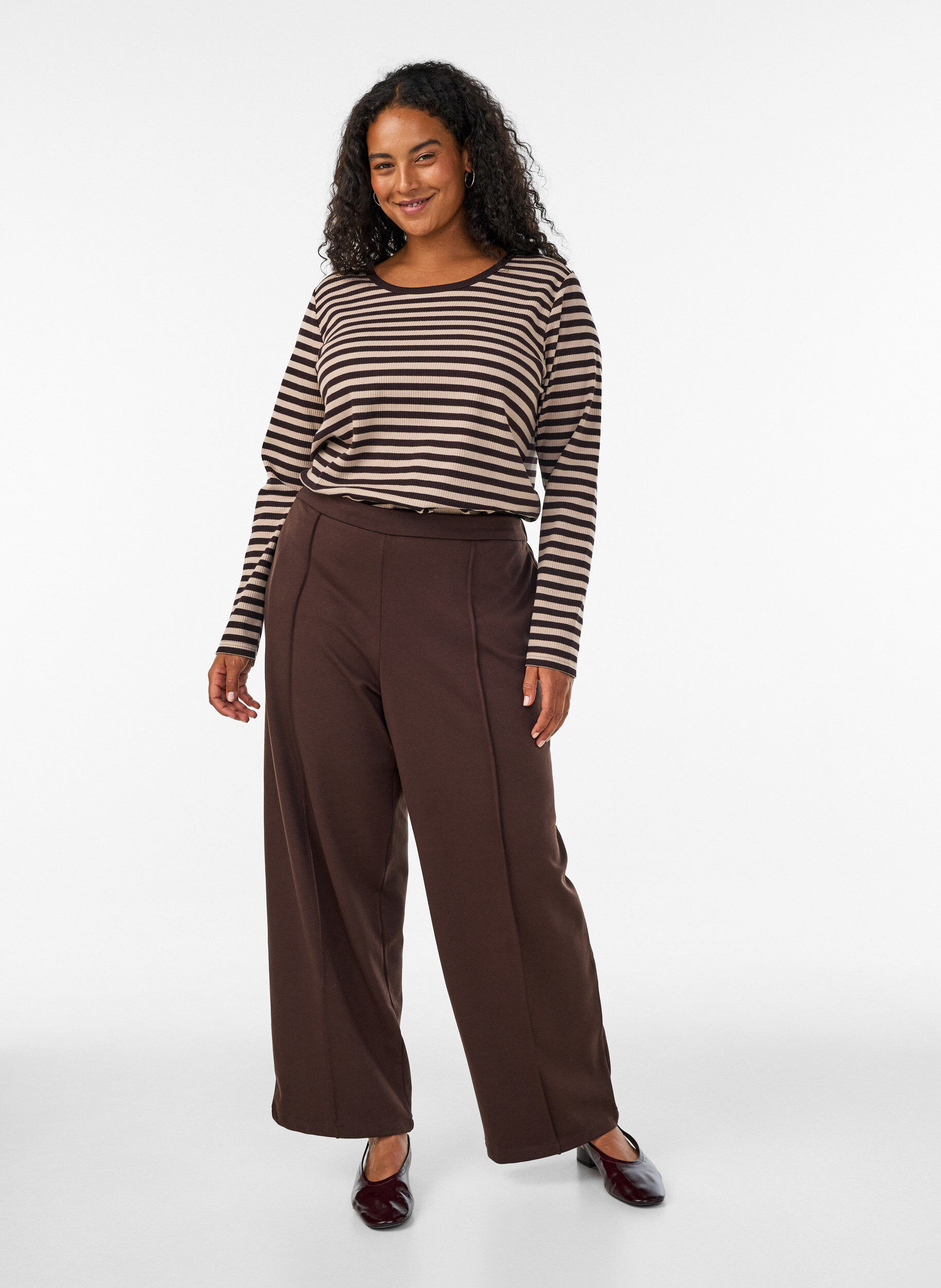 ZizzifashionStriped blouse with long sleeves, Brown, Model image number 1