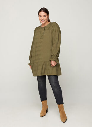 Viscose tunic with puff sleeves and a bow, Green ASS, Model image number 2