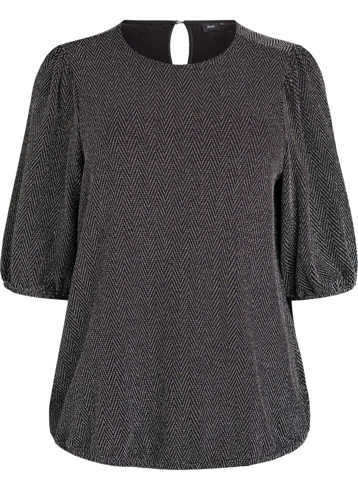 Blouse with glitter pattern and 3/4 sleeves, Black, Packshot image number 0