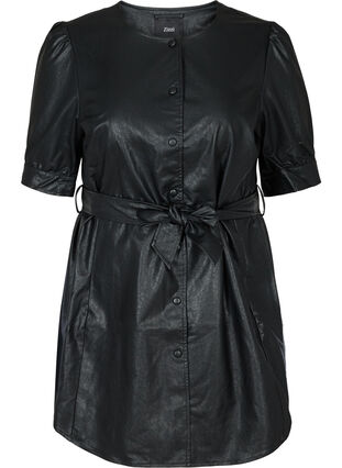 Imitation leather tunic with a waist tie, Black, Packshot image number 0