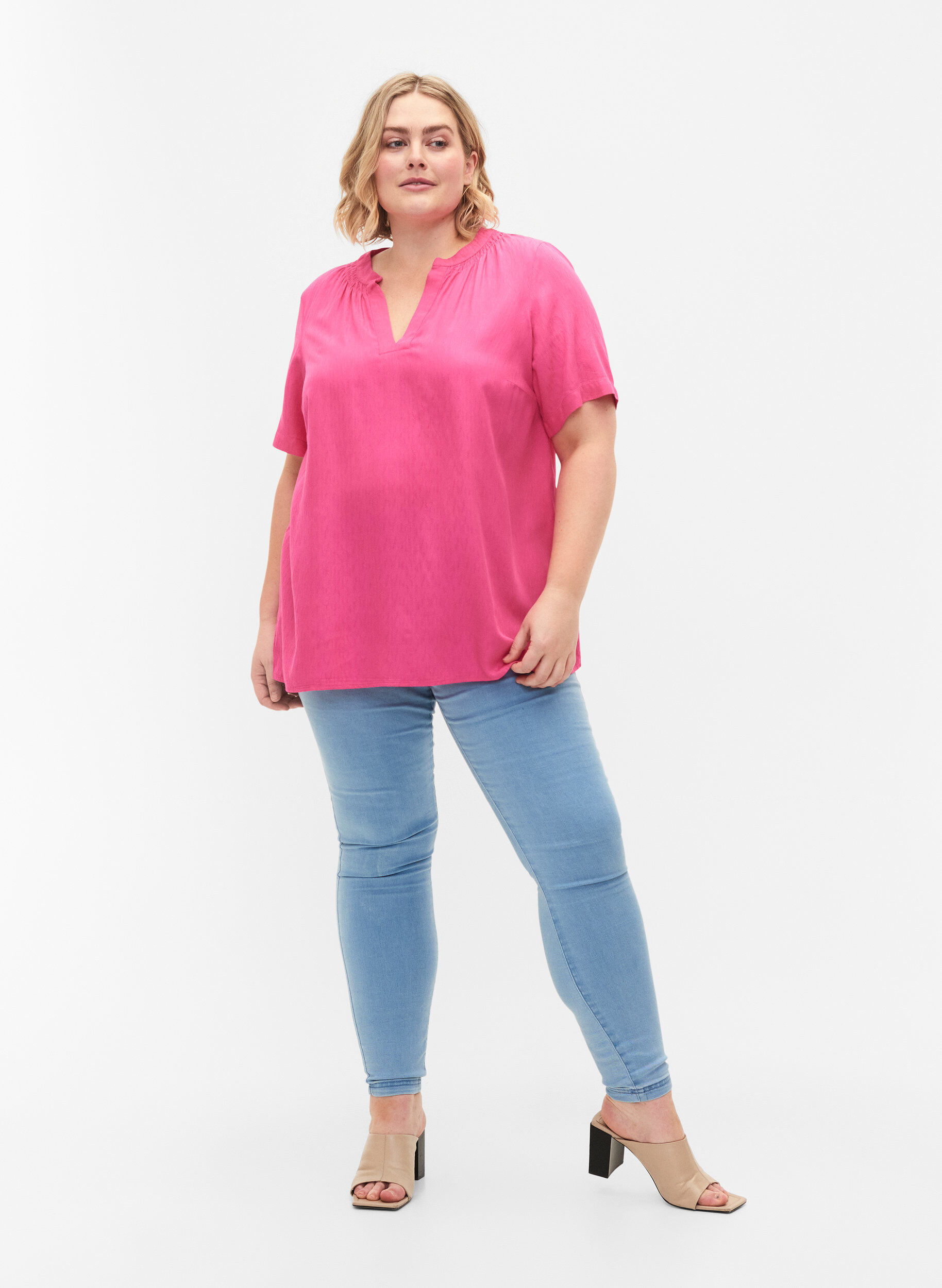 Zizzifashion Short-sleeved viscose blouse with v-neck, Shocking Pink, Model image number 2