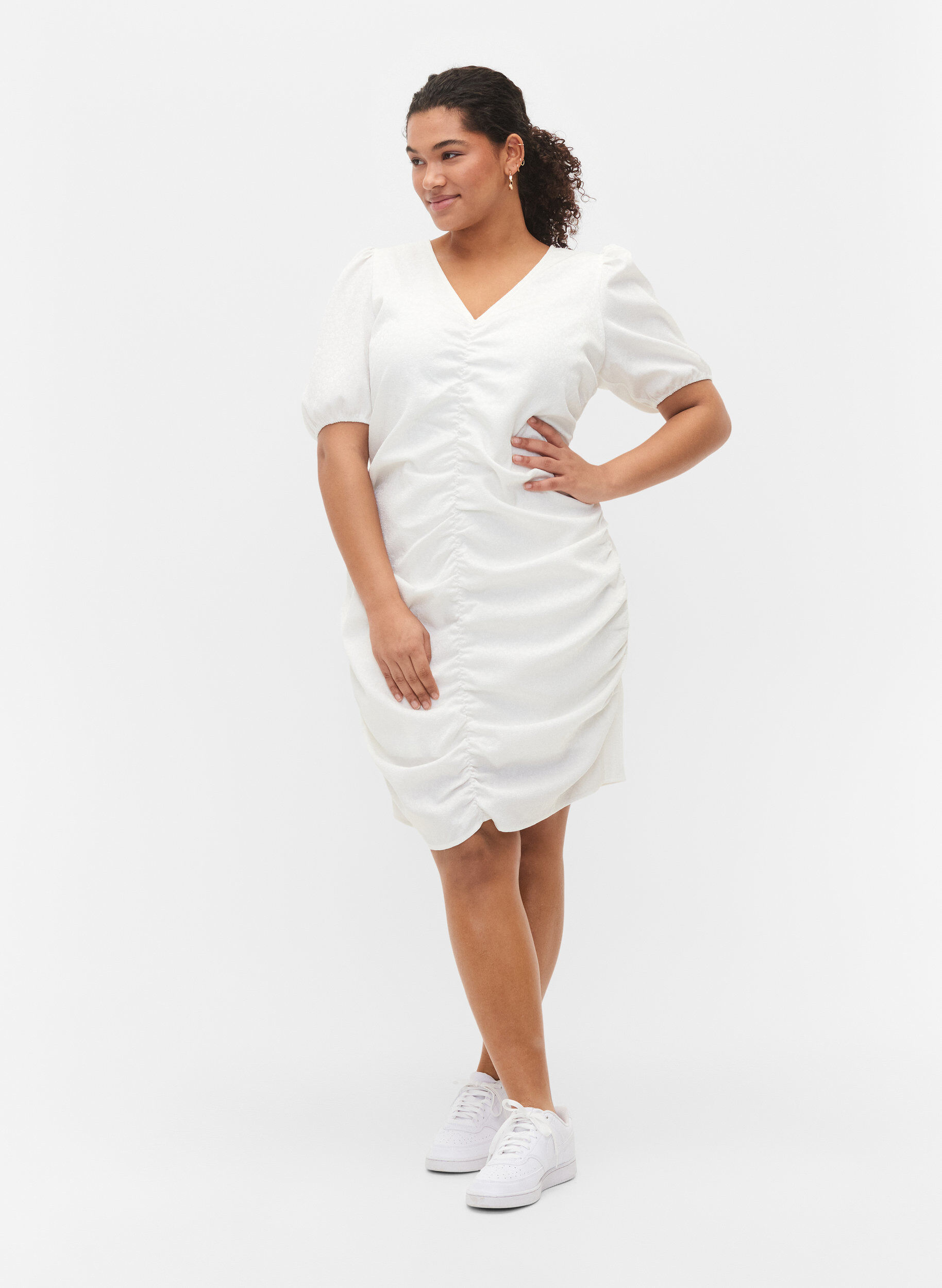 Zizzifashion Short sleeve dress with draping, Bright White, Model image number 3