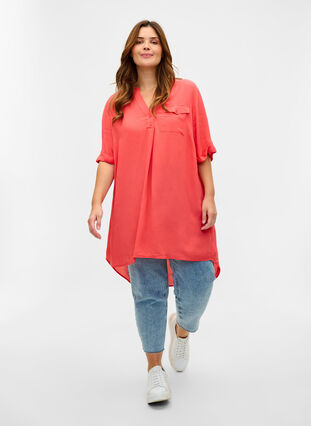 Viscose tunic with short sleeves, Hot Coral, Model image number 2