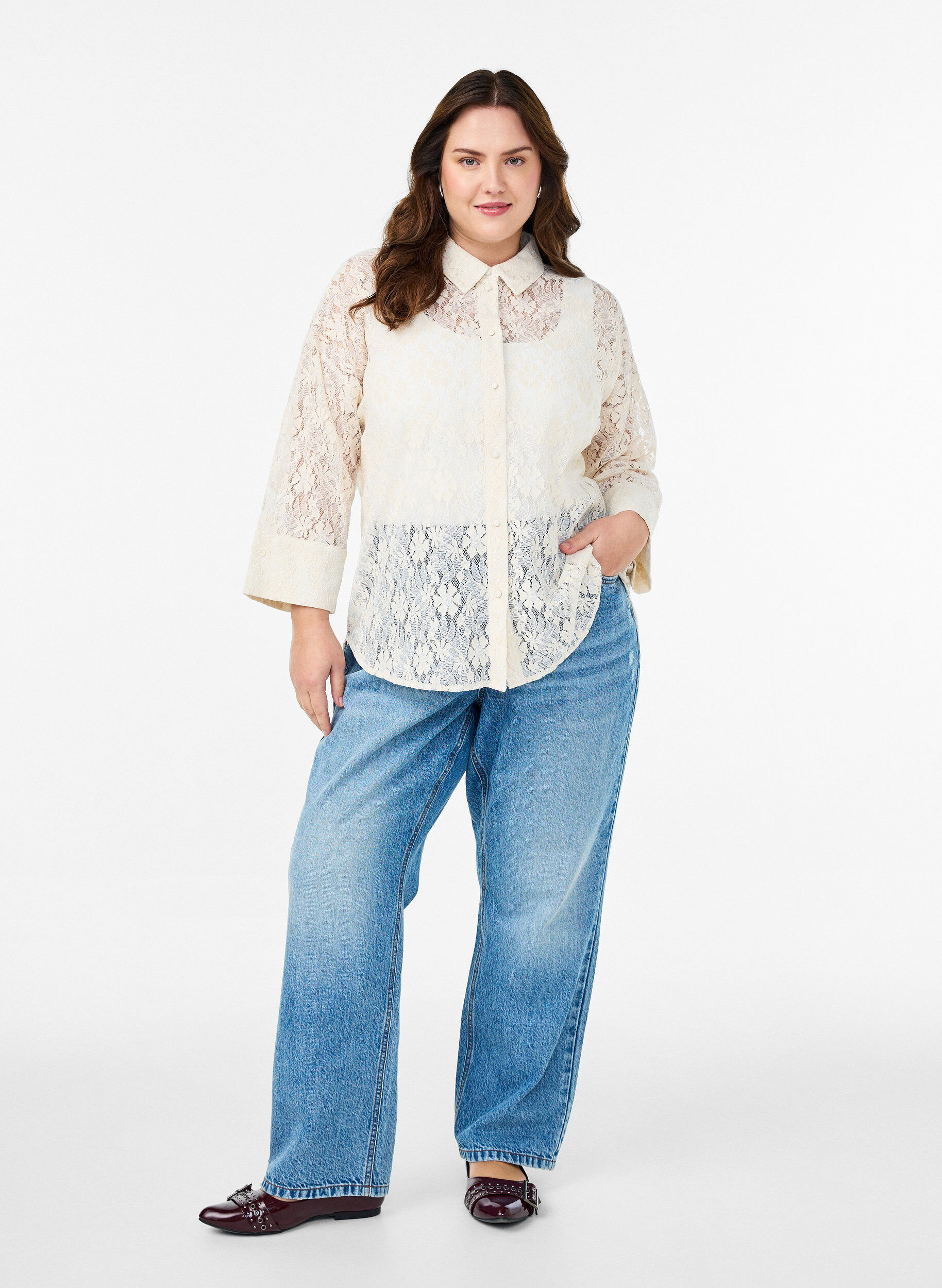 Zizzifashion Lace shirt with 3/4 sleeves, Vanilla, Model image number 1