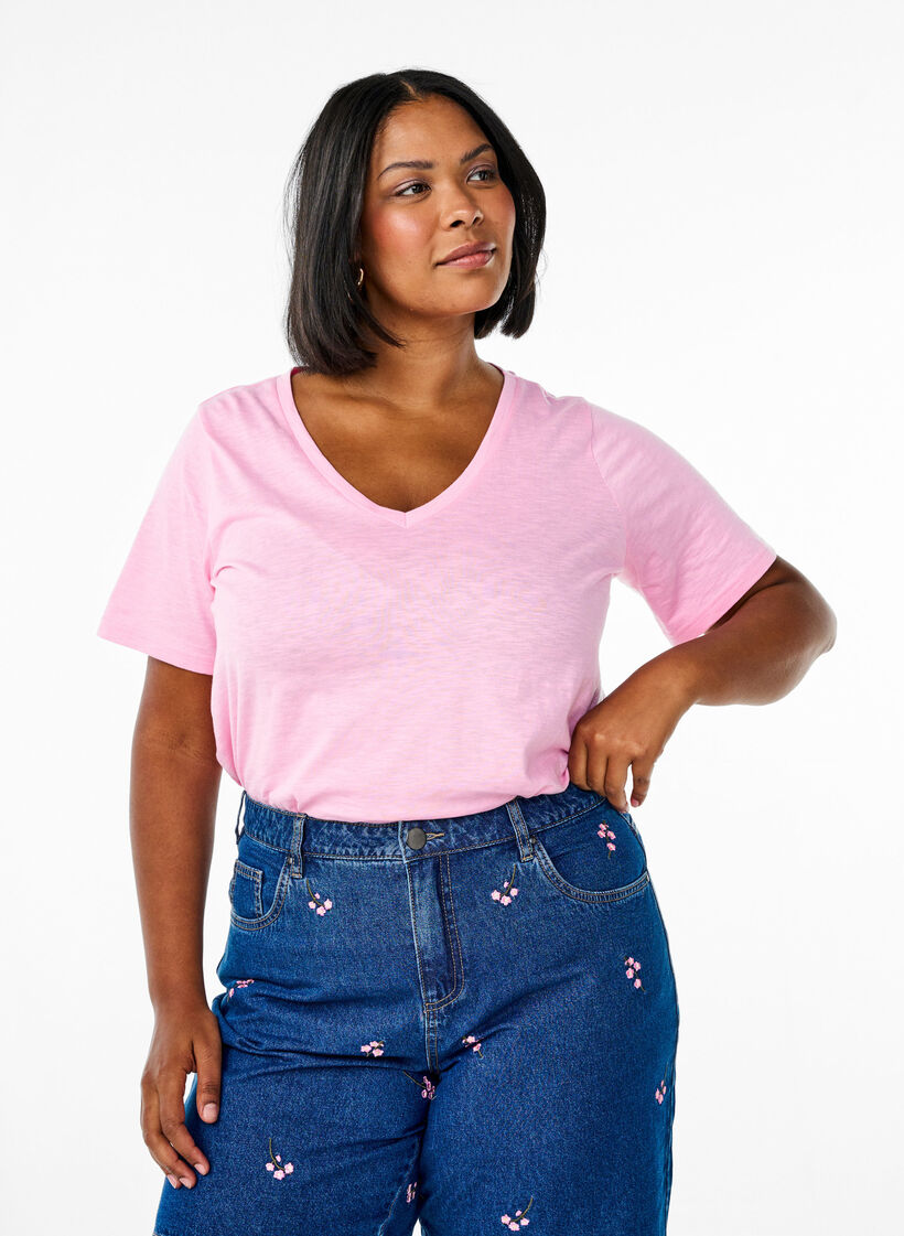 Short-sleeved basic t-shirt with v-neck, Pink, Model image number 0