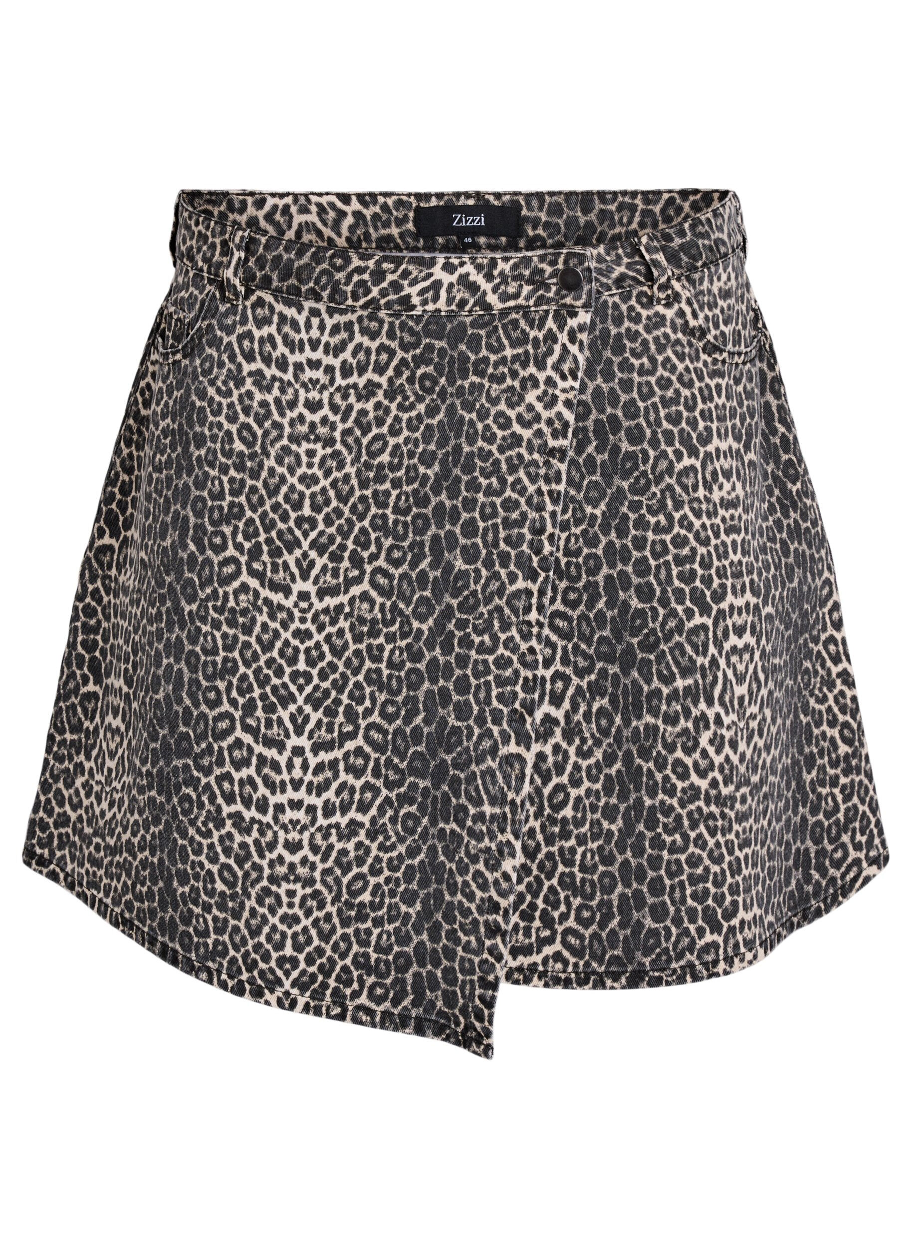 Zizzifashion Short denim skirt with leopard print and an A-line shape, Brown, Packshot image number 0