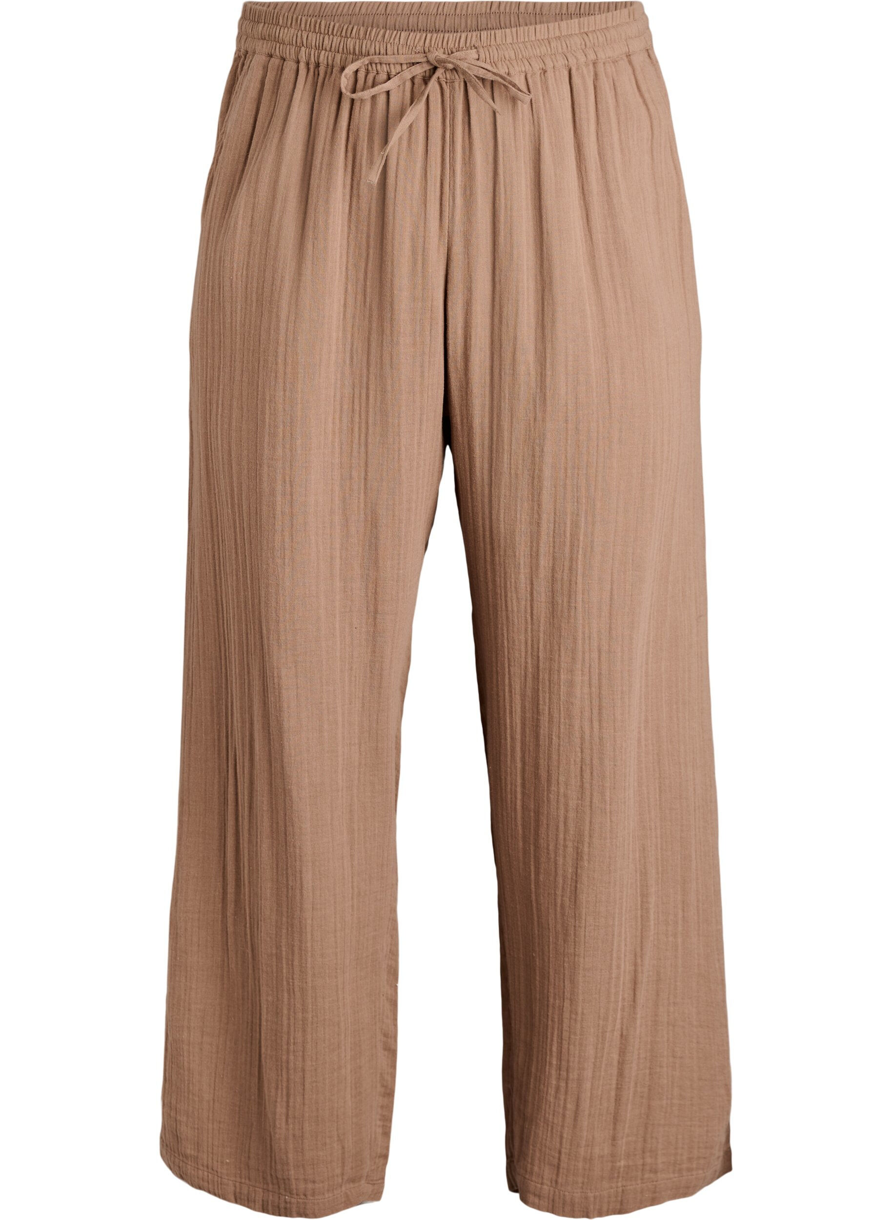 Zizzifashion High-waisted cotton muslin trousers with loose legs, Brown, Packshot image number 0