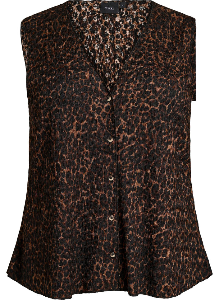 Sleeveless top with a wavy texture and button fastening, Brown, Packshot image number 0