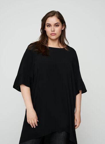 Viscose tunic with ruffled sleeves, Black Solid, Model image number 0