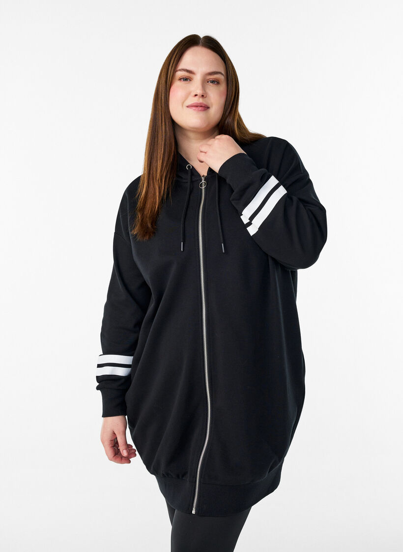 Long sweat cardigan with printed details, Black, Model image number 0