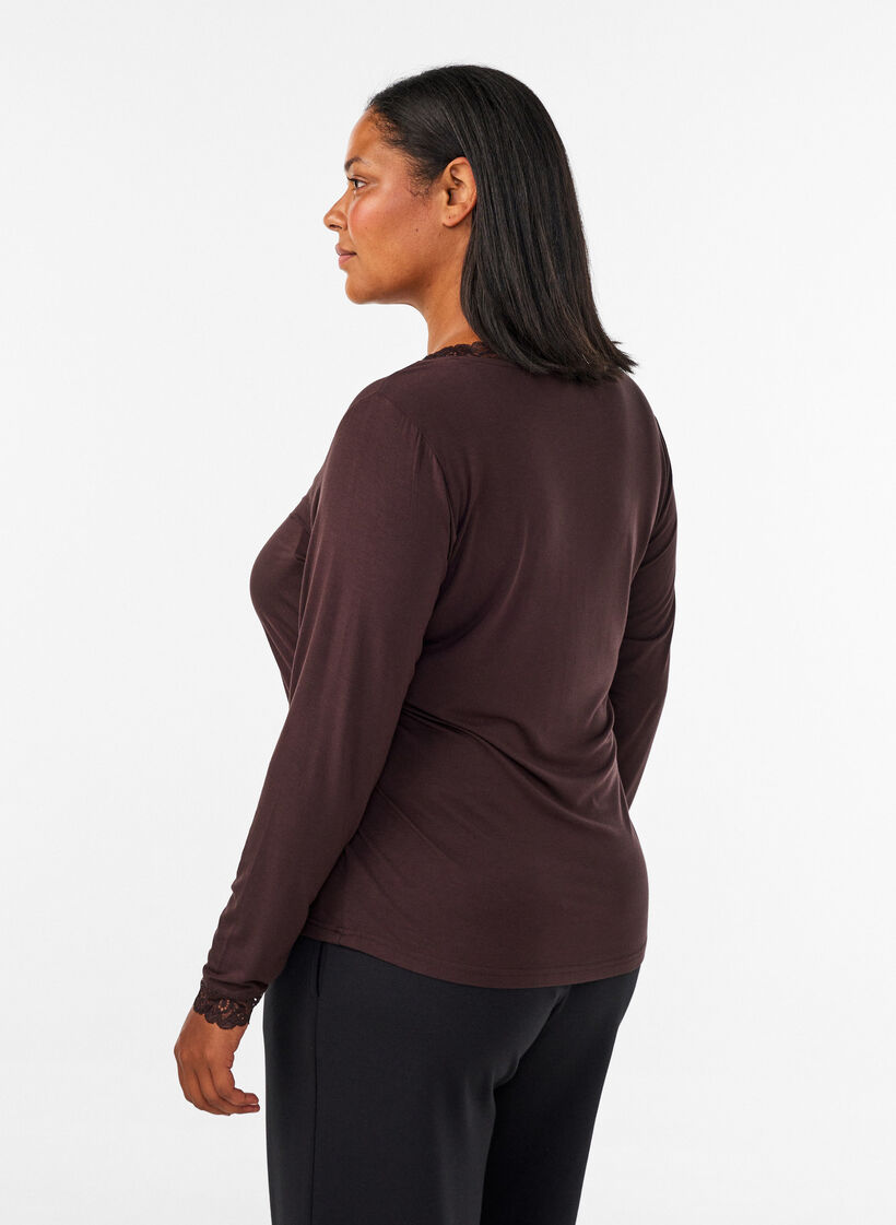 Viscose blouse with lace trim and V-neck, Brown, Model image number 2