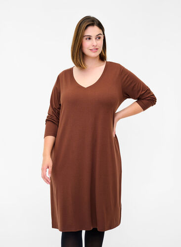 Solid colour long-sleeved dress with V-neck, Rocky Road, Model image number 0