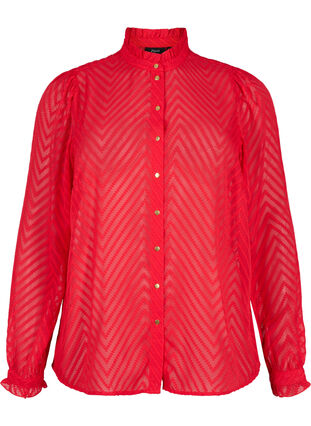 Shirt blouse with ruffles and patterned texture, Tango Red, Packshot image number 0