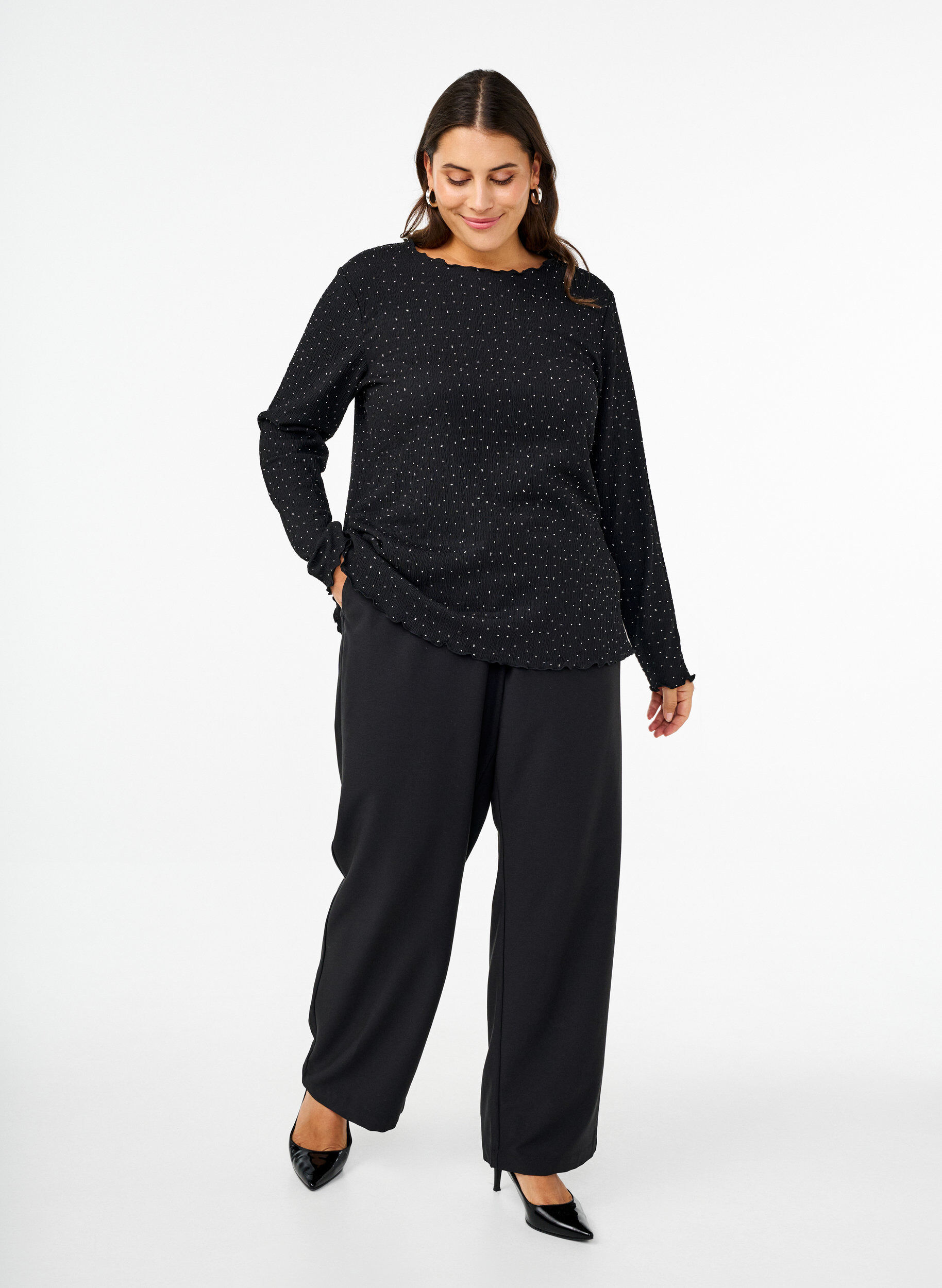 Zizzifashion Long-sleeved blouse with rhinestones, Black, Model image number 1