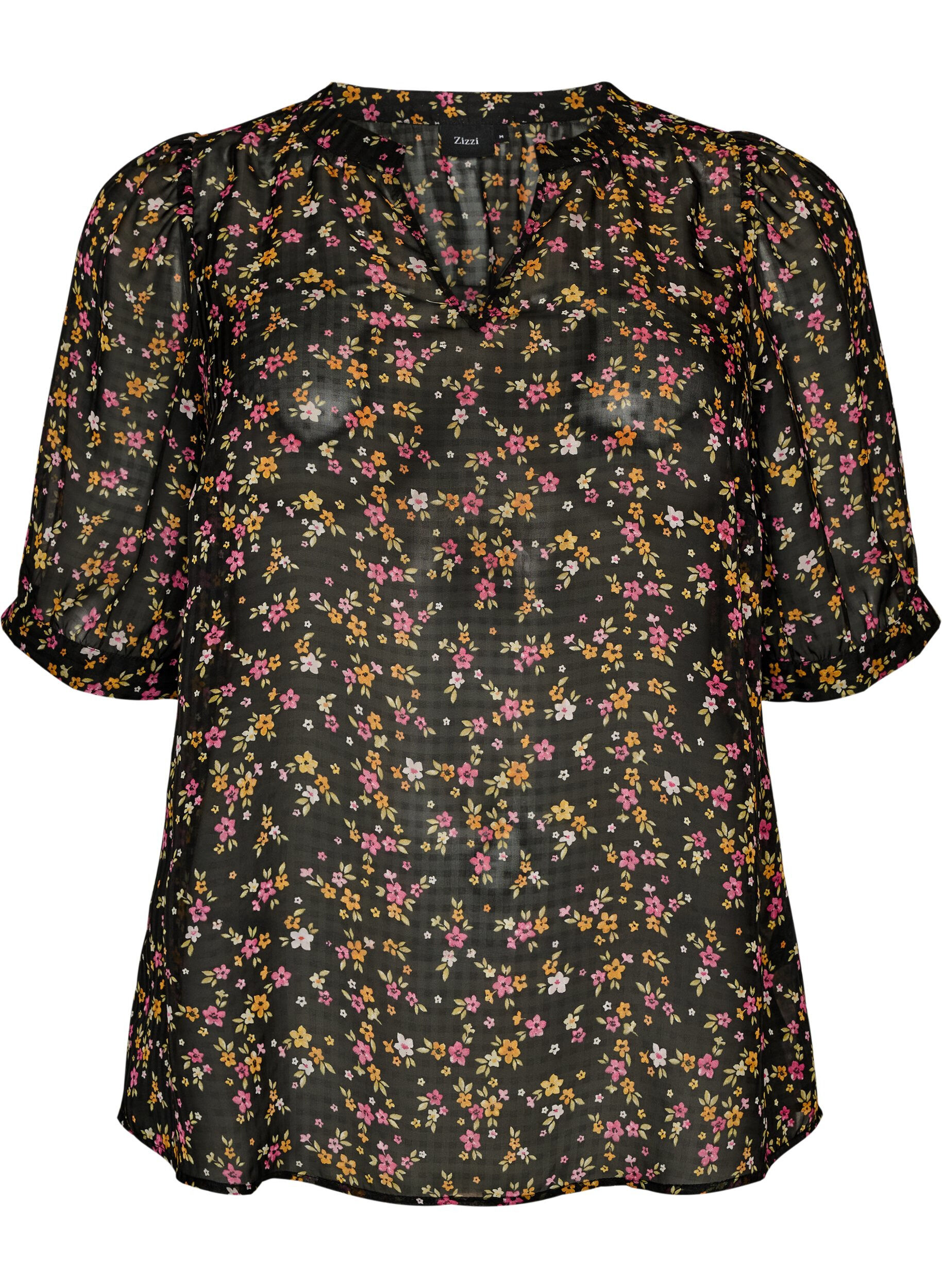 Zizzifashion Blouse with floral print and V-neck, Black, Packshot image number 0