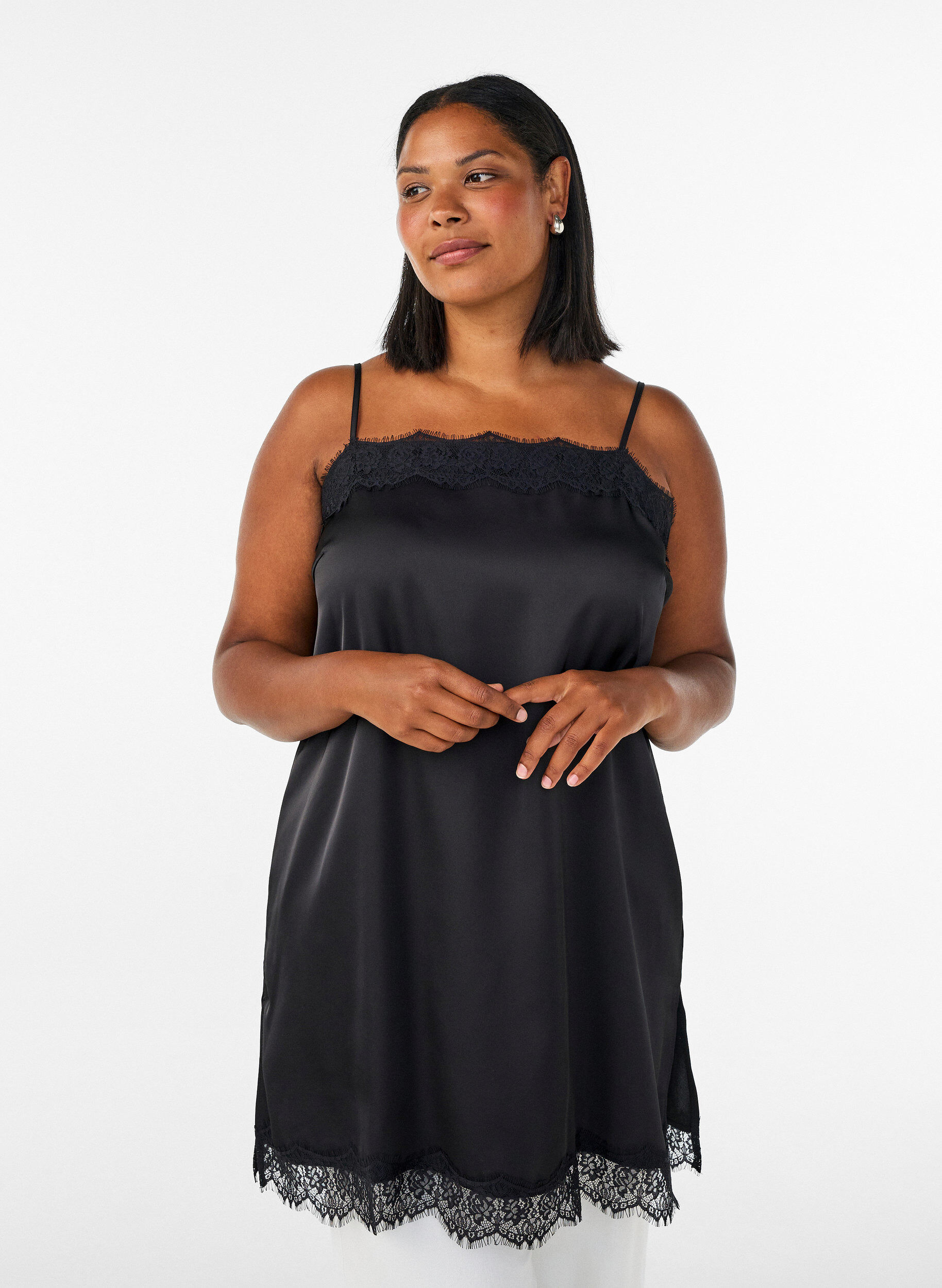 ZizzifashionLong satin top with lace edges, Black, Model image number 0