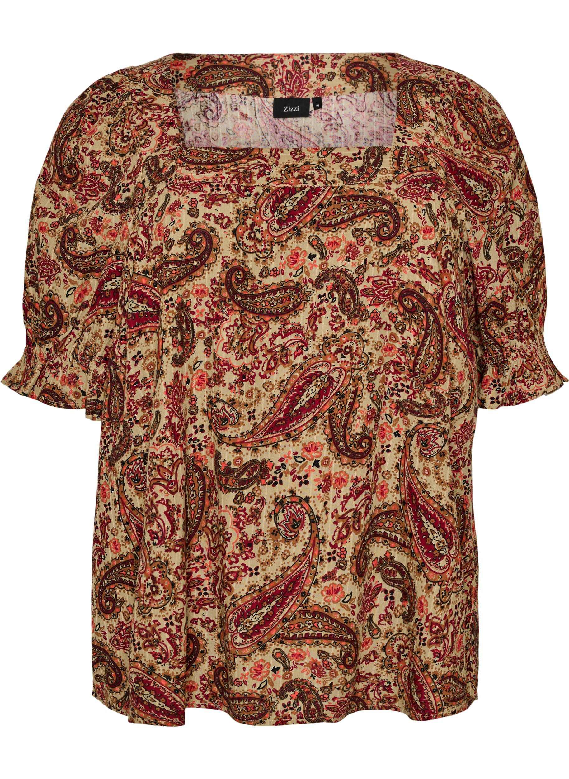 Zizzifashion Viscose blouse with paisley print and a square neckline, Brown, Packshot image number 0