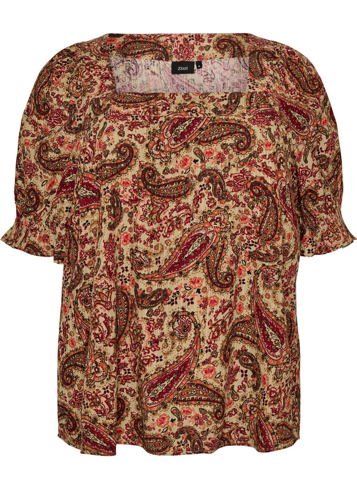Viscose blouse with paisley print and a square neckline, Brown, Packshot image number 0