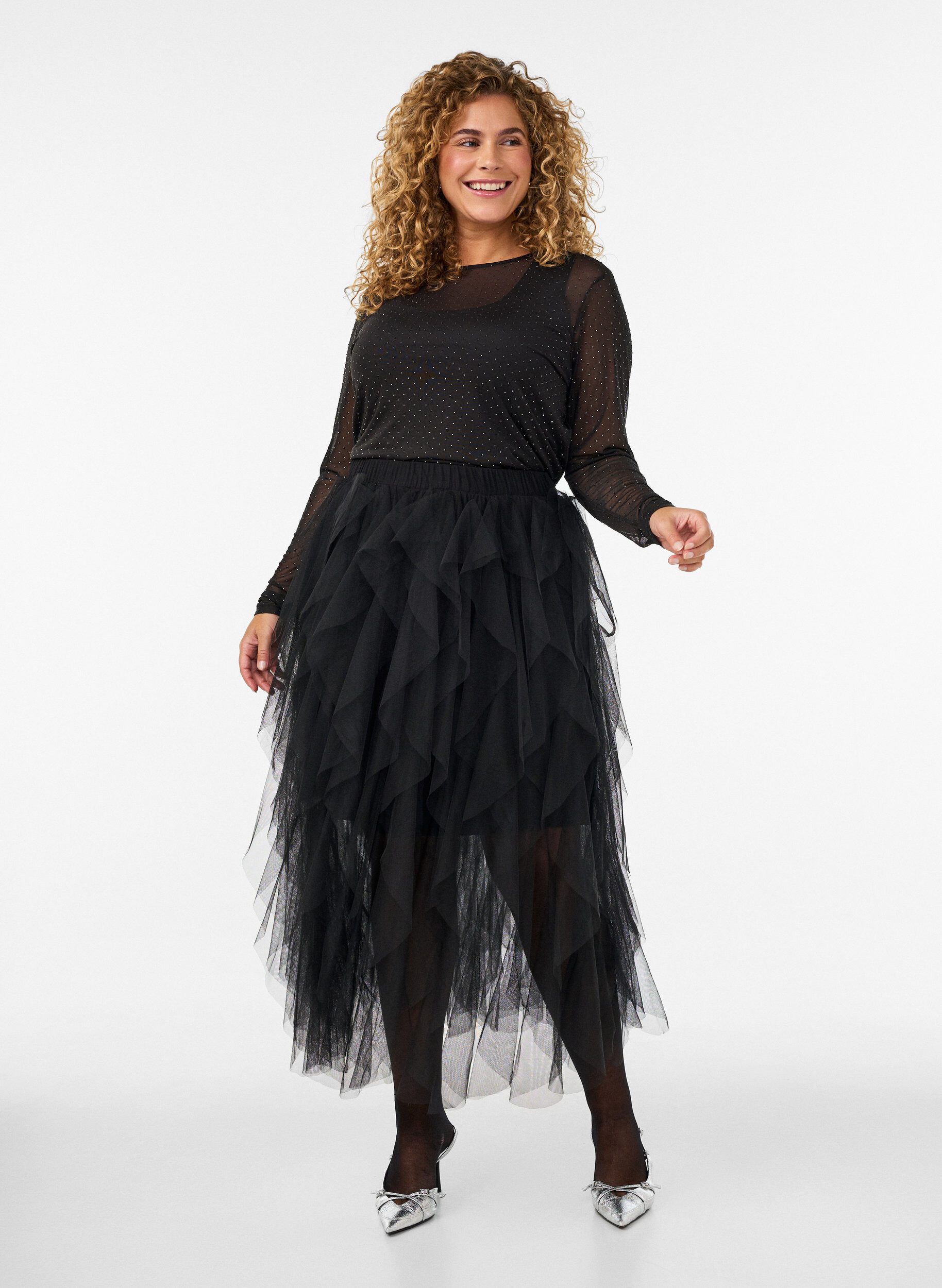 ZizzifashionSheer mesh blouse with rhinestones, Black, Model image number 1