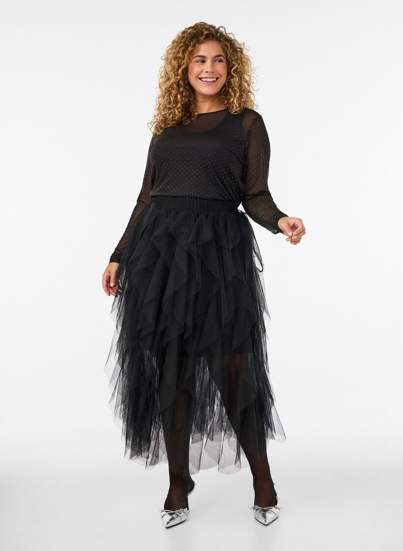 Sheer mesh blouse with rhinestones, Black, Model image number 1