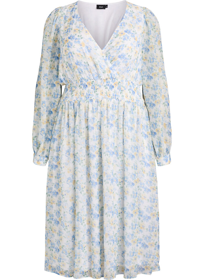Floral midi dress with wrap-look and smock, Light Blue, Packshot image number 0
