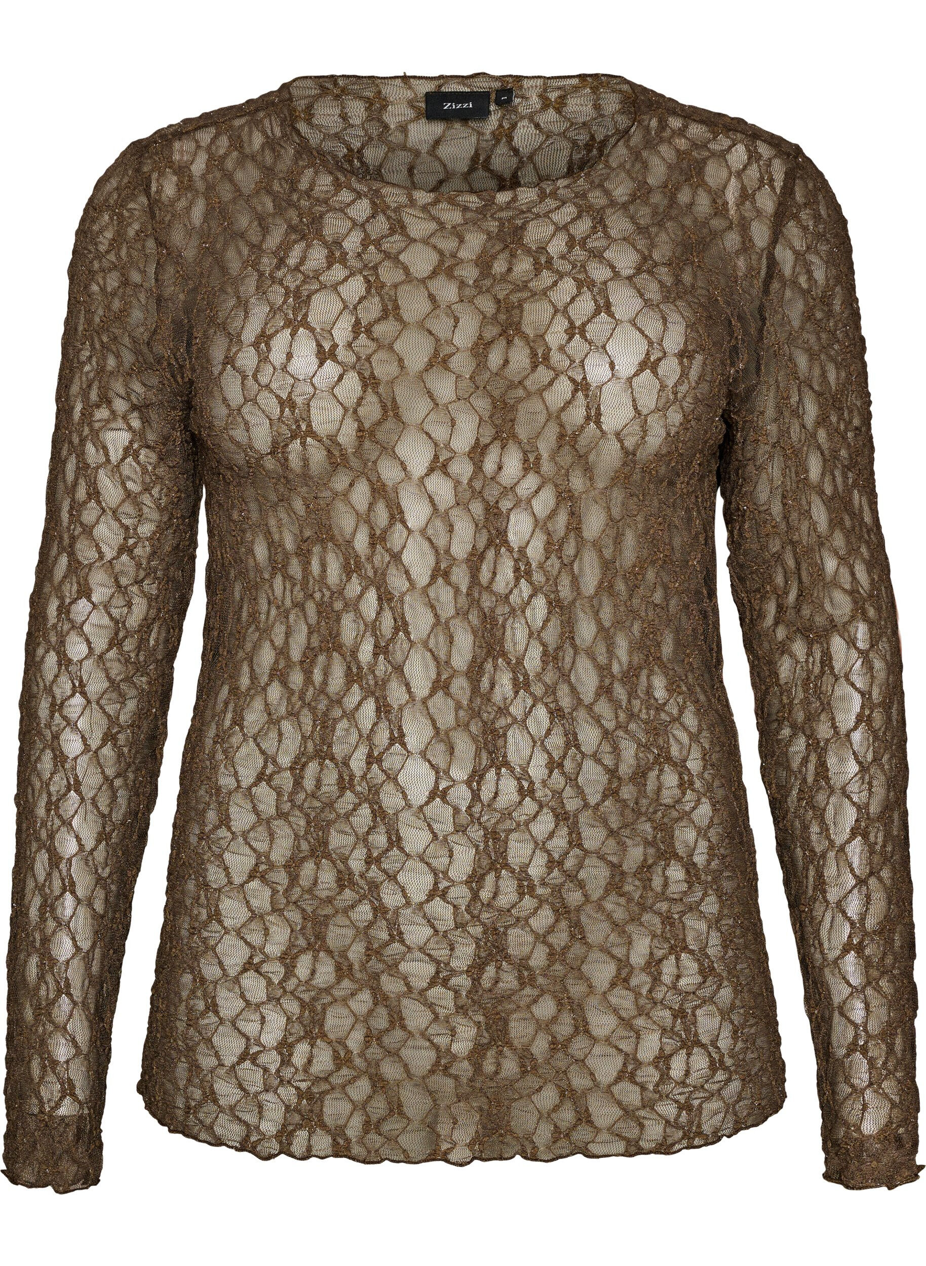 ZizzifashionMesh blouse with pattern and glitter thread, Brown, Packshot image number 0