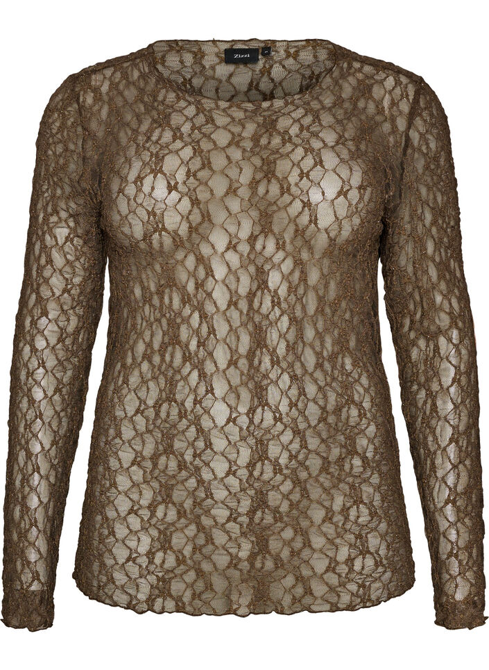 Mesh blouse with pattern and glitter thread, Brown, Packshot image number 0