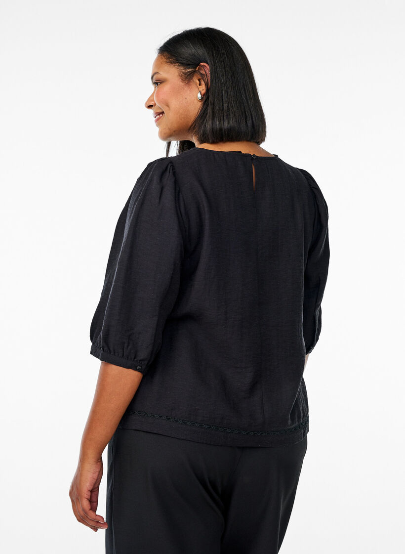 Viscose blend blouse with linen and gathered shoulders, Black, Model image number 2
