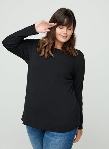 Long-sleeved ribbed blouse with a round neck, Black, Model image number 0