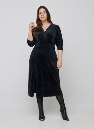 Long-sleeved velour midi dress, Black, Model image number 2
