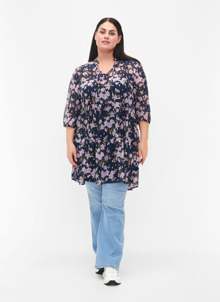 Tunic with floral print and lurex, Blue Small Fl. AOP, Model image number 2