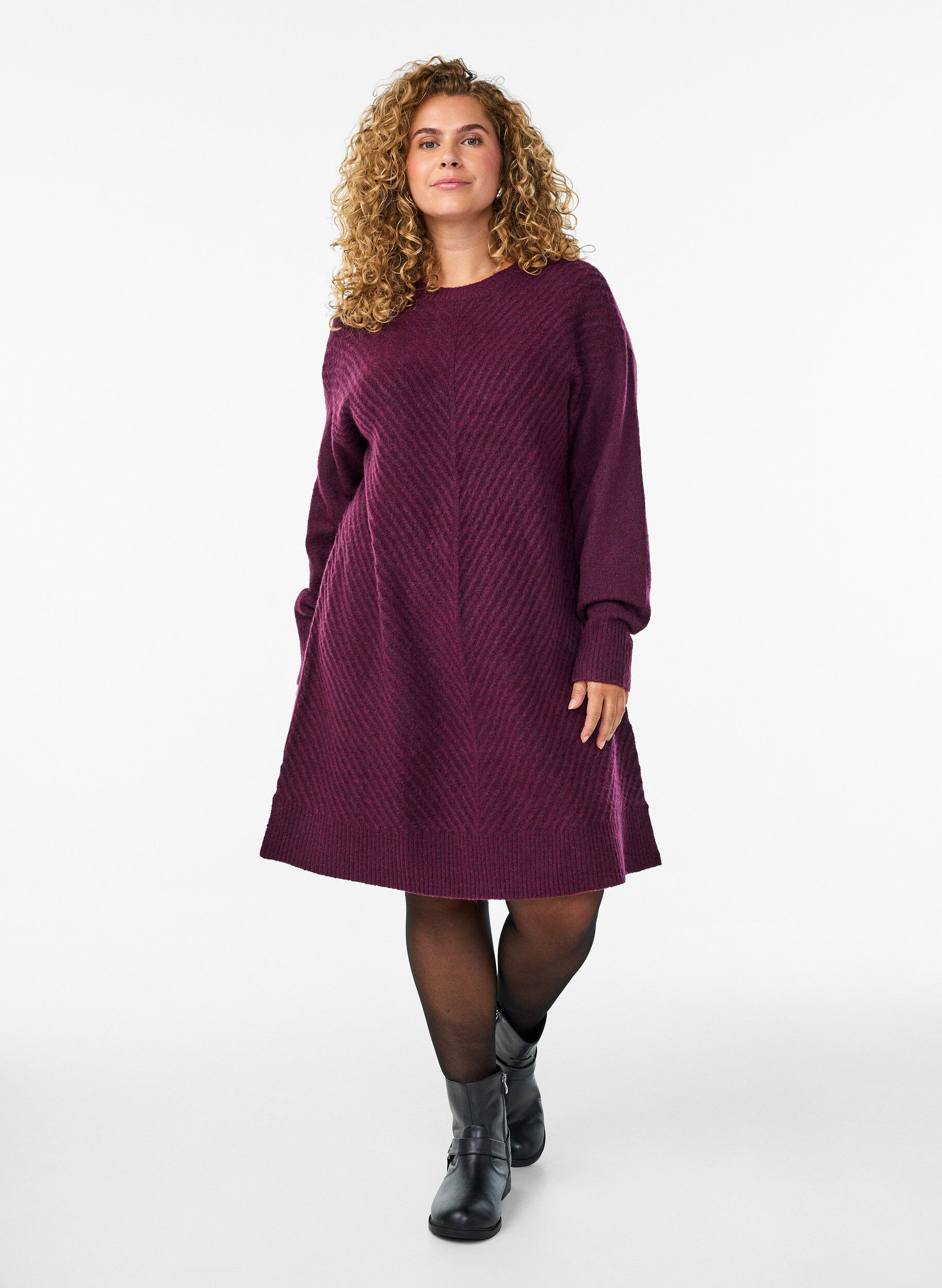 ZizzifashionShort knitted dress with a V-shaped textured pattern, Purple, Model image number 1