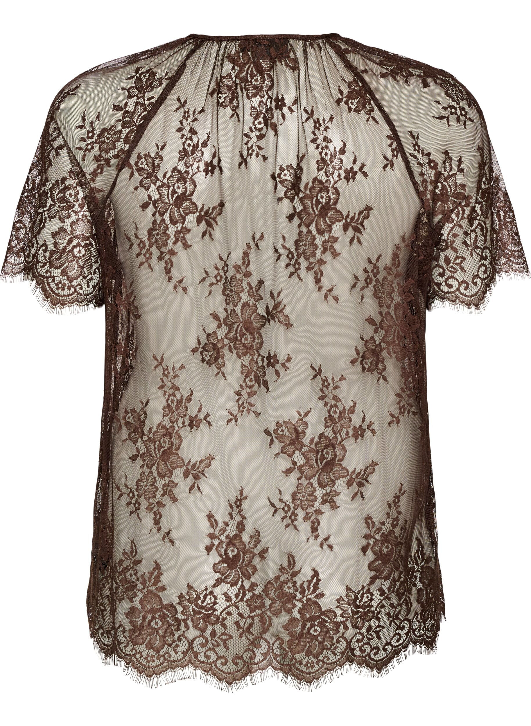 Zizzifashion Short-sleeved lace blouse with tie-fastening, Brown, Packshot image number 1