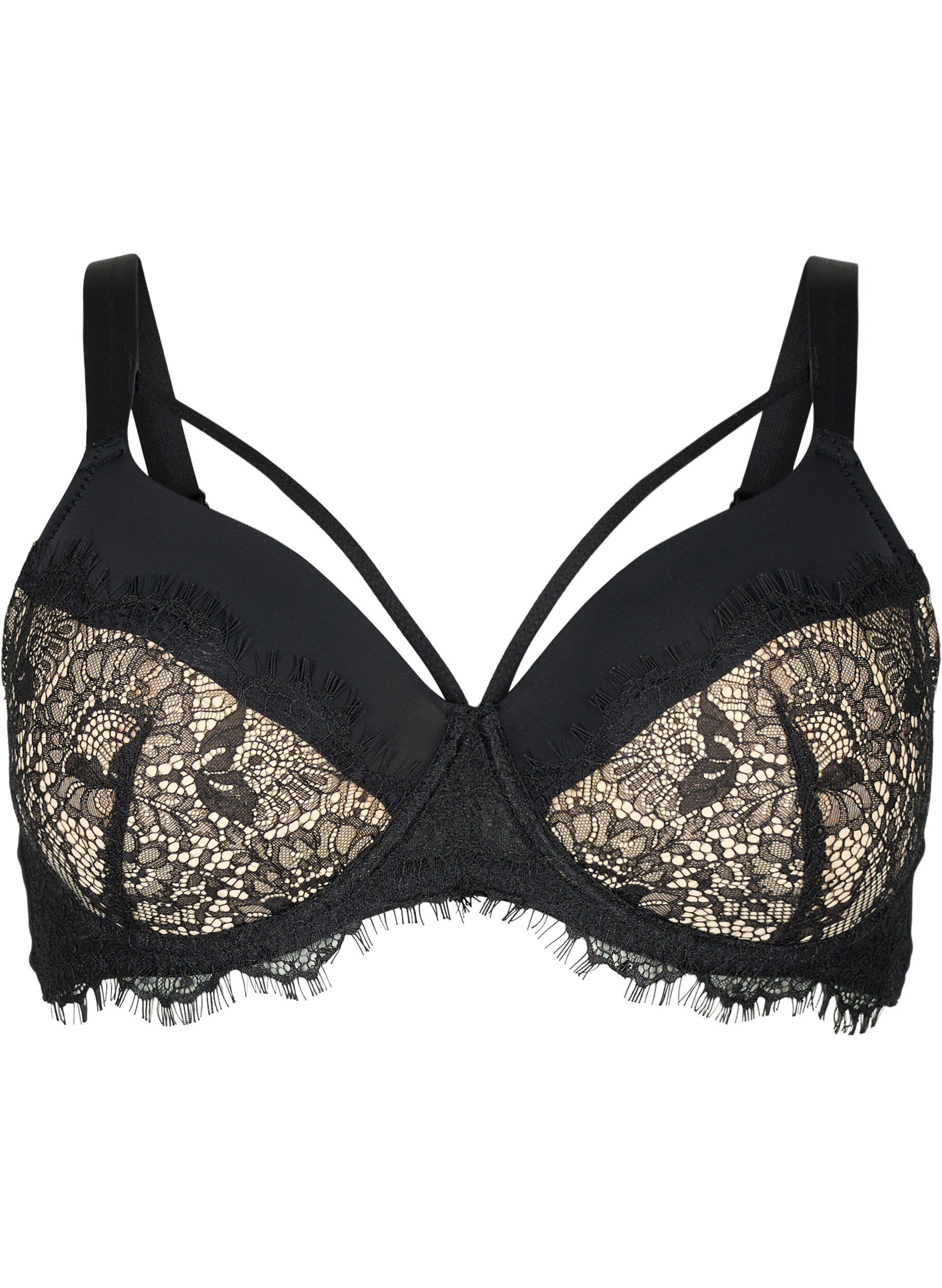 Zizzifashion Padded bra with lace and string, Black, Packshot image number 0