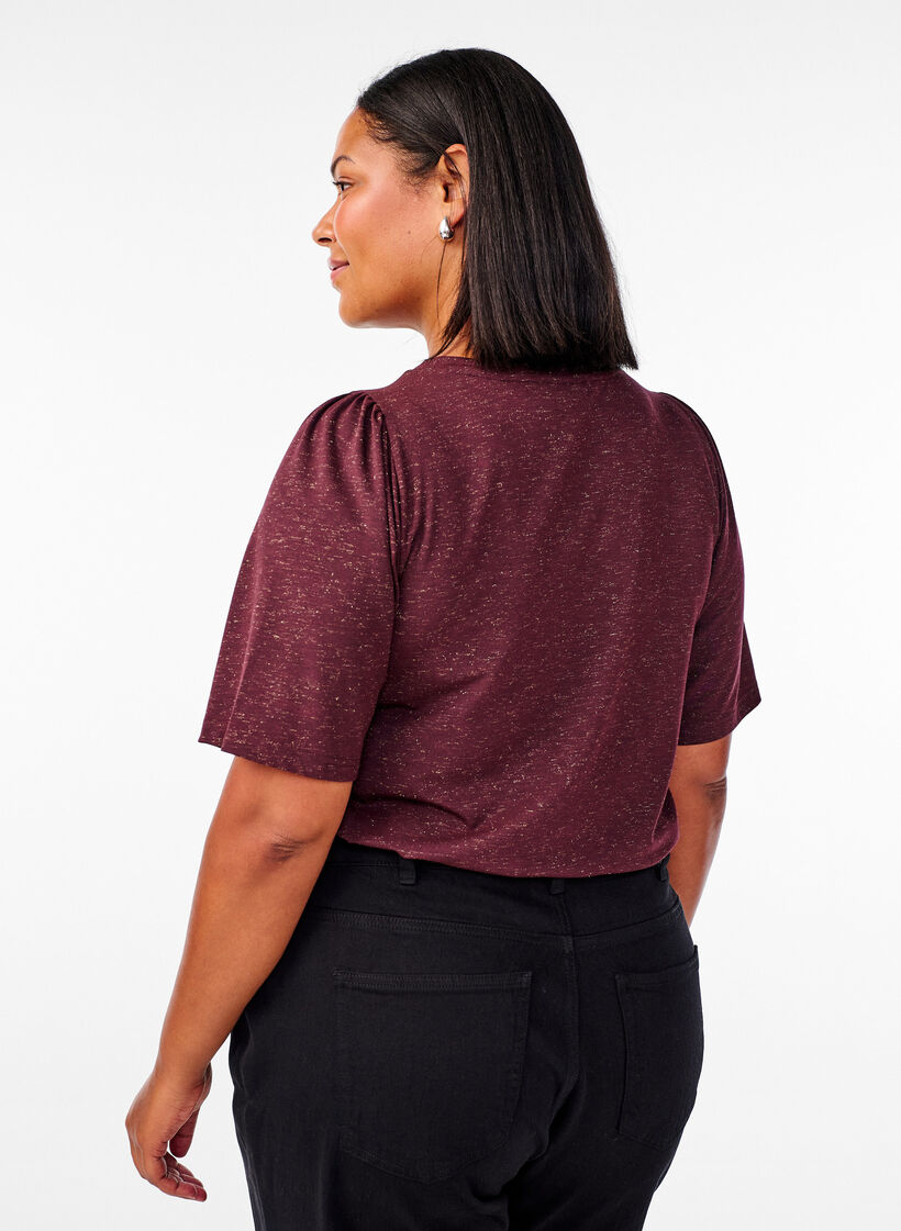 T-shirt with glitter and short puff sleeves, Dark Bordeaux, Model image number 2