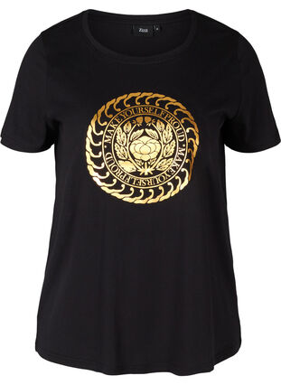 Cotton t-shirt with a gold-coloured print, Black, Packshot image number 0