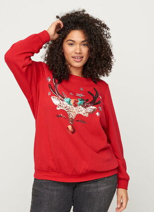 Christmas sweatshirt with sequins, Tango Red, Model image number 0