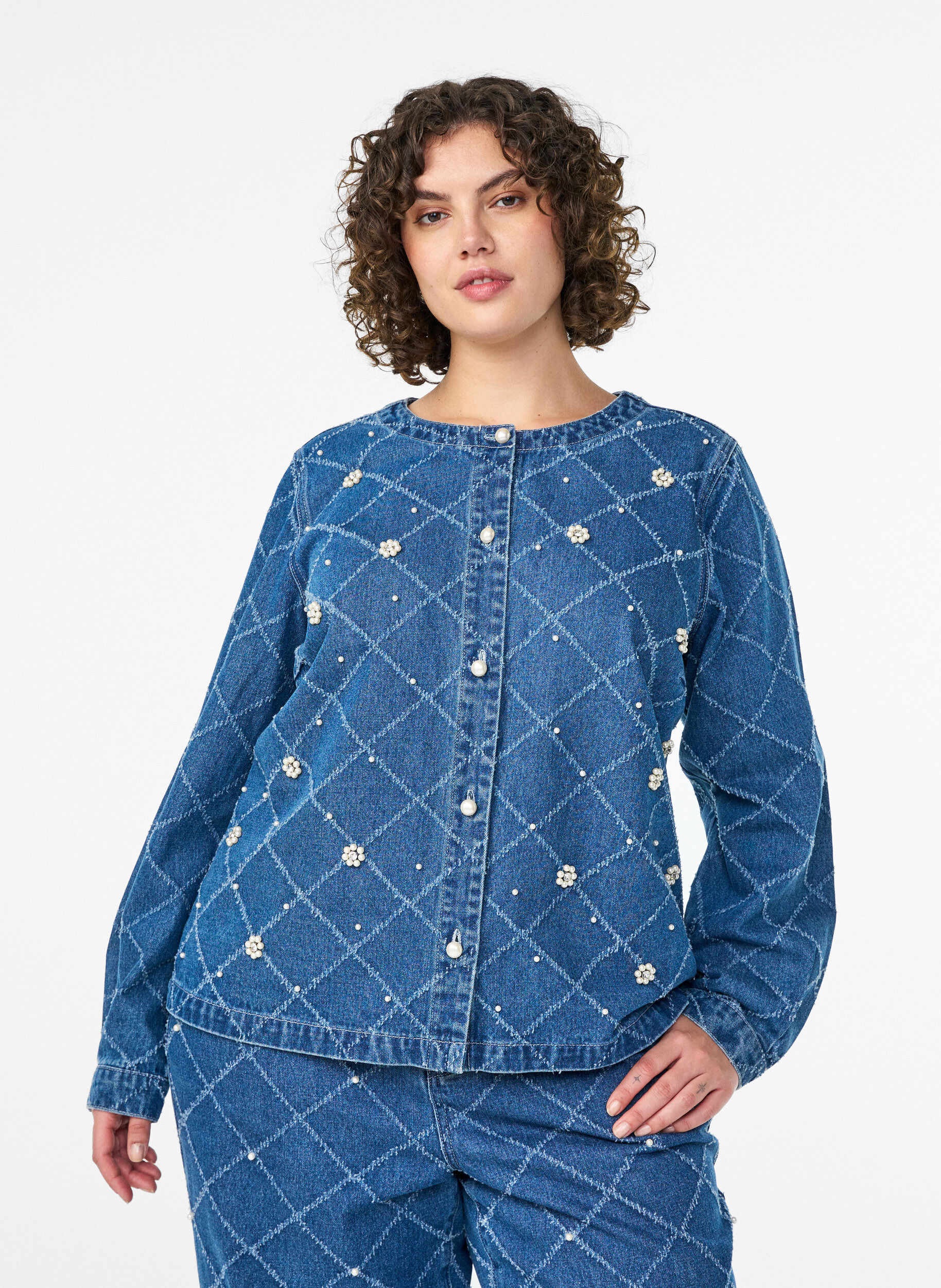 Zizzifashion Denim shirt with destroyed pattern and pearl details, Light Blue, Model image number 0