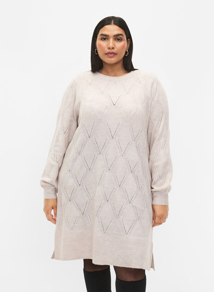 Long-sleeved knit dress with hole pattern, Birch Mel., Model image number 0