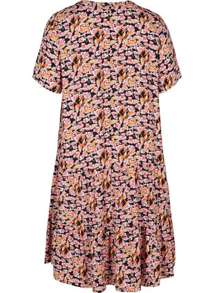 Short-sleeved viscose dress with print, Pink Flower on Black, Packshot image number 1