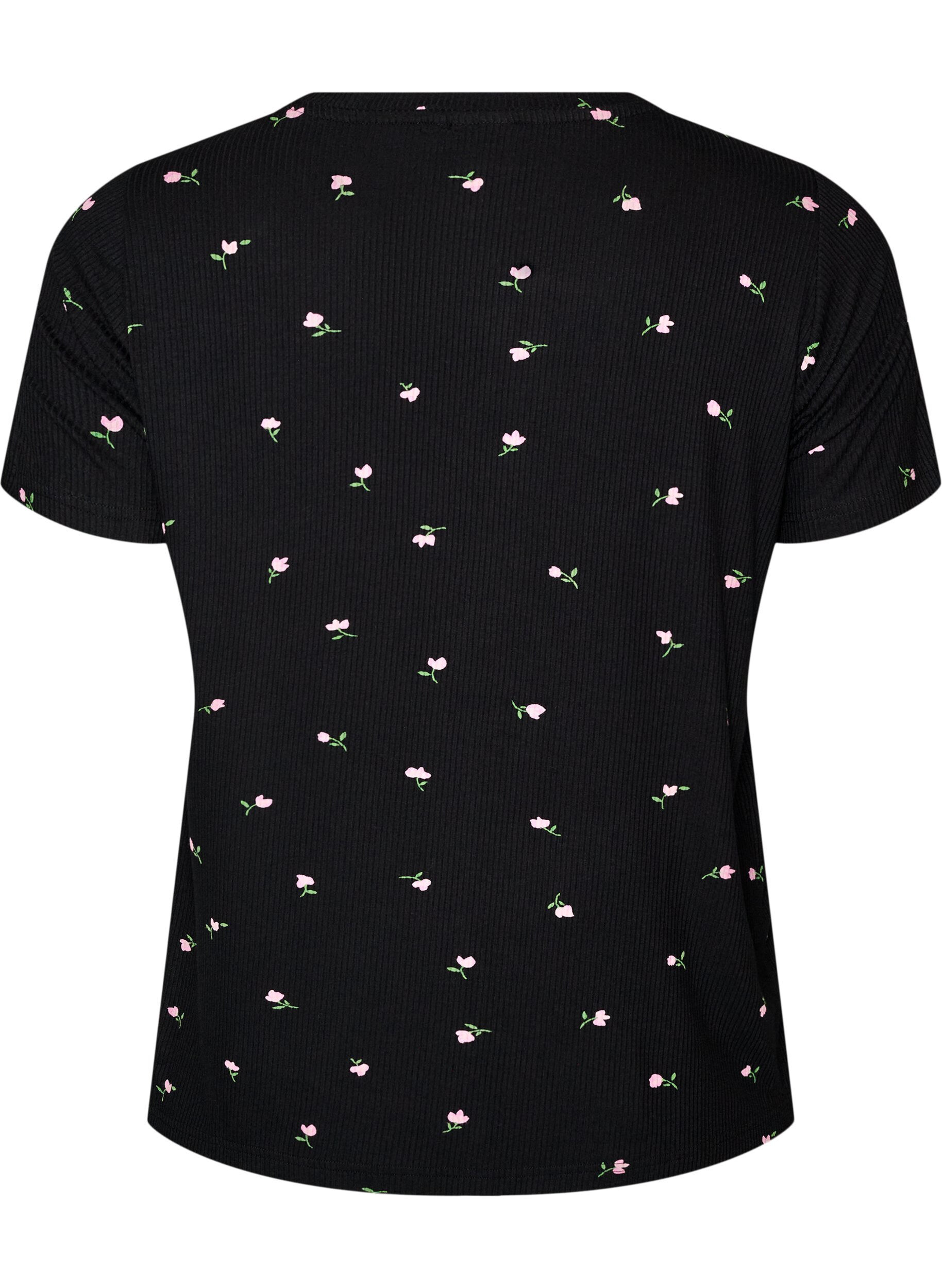 ZizzifashionPyjama top with floral print and ribbed texture, Black, Packshot image number 1