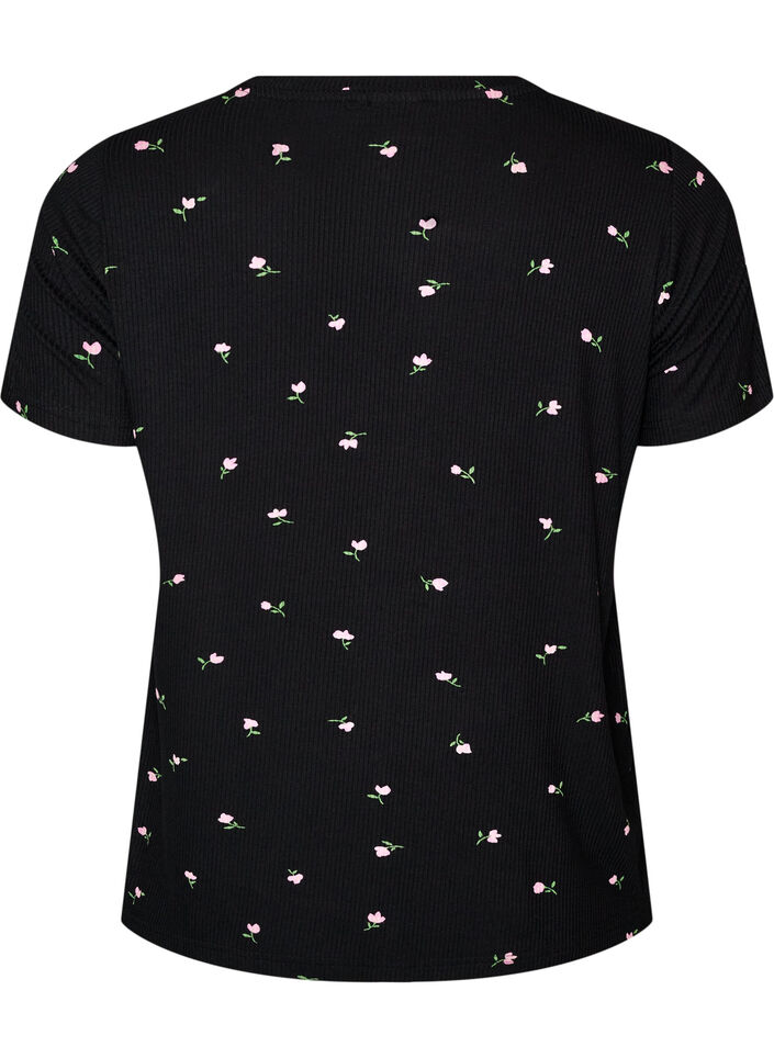 Pyjama top with floral print and ribbed texture, Black, Packshot image number 1