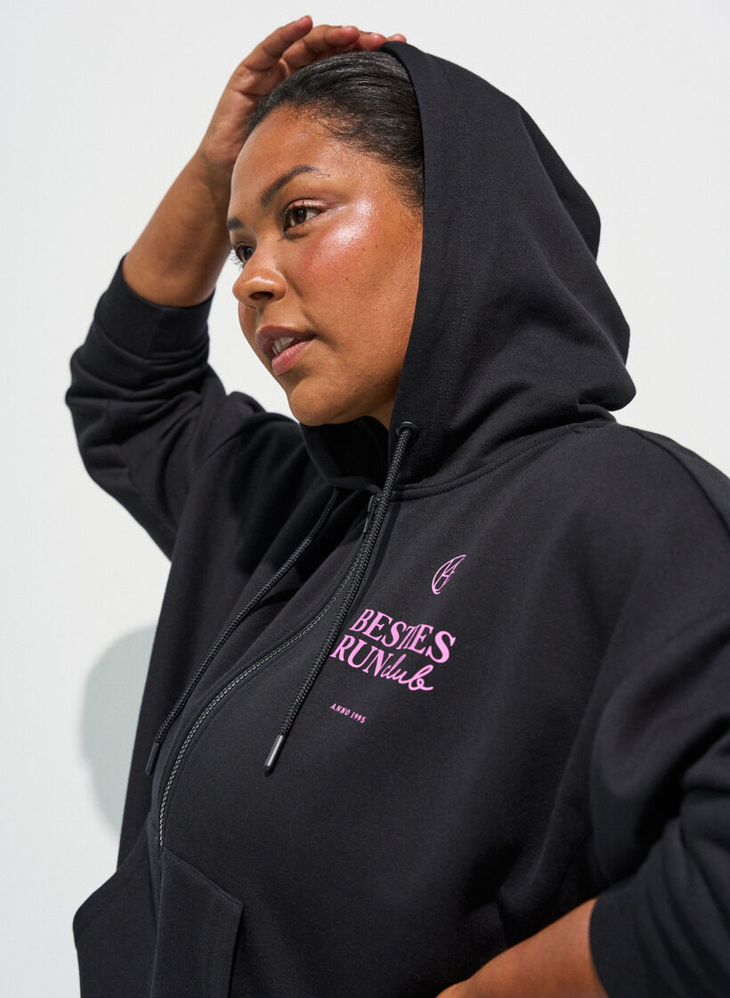 Hoodie with zipper and chest print, Black, Model image number 3